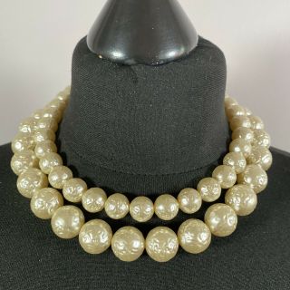 Vintage Chunky Faux Pearl Necklace Textured Multi - Strand Collar Length Kitsch