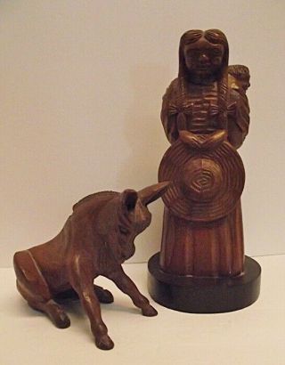 Mcm Jose Pinal Mexico Hand Carved Wood Figures Woman With Baby & Sitting Donkey