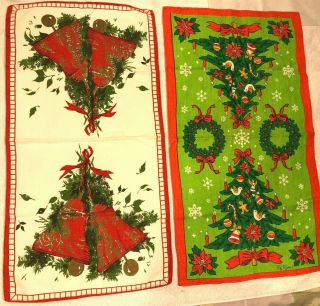 Vintage Linen Christmas Kitchen Towels Bells Tree Holiday 15 " X 28 " - Set Of 2