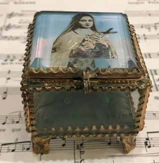Antique French Eglomise Souvenir Jewelry Box Saint Therese Lisieux C1900