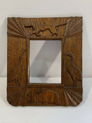 Wonderful Antique American Folk Art Carved Wood Frame Dog Rabbit Bird Carving