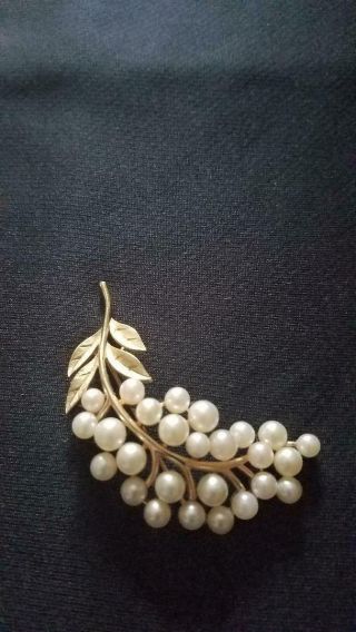 Vintage Trifari Gold Tone Leaf Grape Cluster Pearls 2 " L Signed