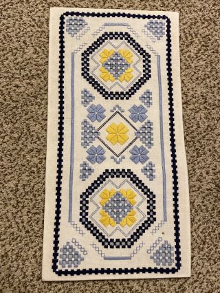 Vintage Completed Hand Stitched Hardanger Embroidery Yellow Blue 9x18