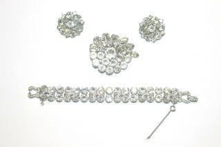 Vintage Weiss Rhinestone 7 1/4 Bracelet 2 " Brooch 1 1/8 " Earrings Jewelry Set