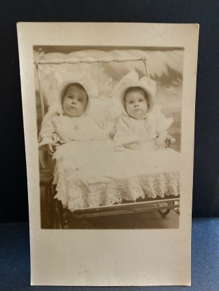 Vintage Rppc Twin Babies W Bonnets In Double Stroller Real Photo Postcard