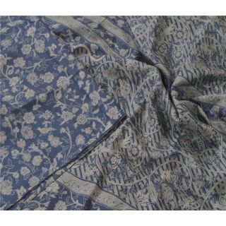 Sanskriti Vintage Blue Saree Printed 100 Pure Silk Sari Soft 5yd Craft Fabric
