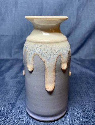 Vintage 5.  75 " Signed Dated Thick Drip Glaze Blue Vase Studio Pottery Retro 1979