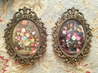 Italy 2 Vintage Flowers Floral Ornate Oval Convex Glass Picture Frames Metal