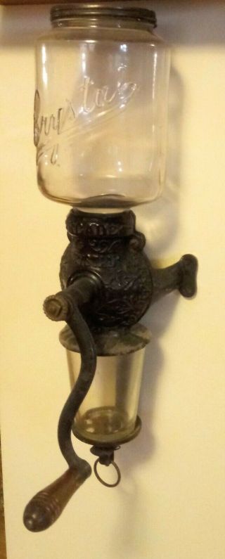 Antique Arcade Crystal Cast Iron Wall Mount Coffee Grinder With Glass
