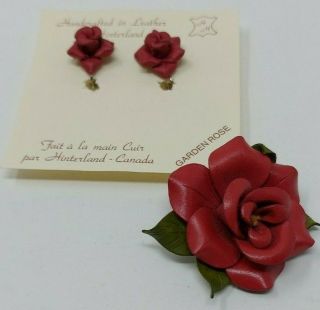 Vintage Hinterland Garden Rose Leather Earrings And Brooch Handcrafted Canada