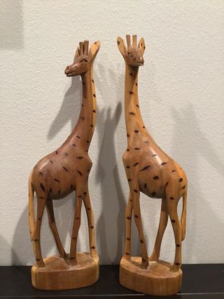 Vintage 12 " Hand Carved Wooden Giraffes - Solid Wood Made In Kenya