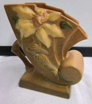 Vintage Roseville Pottery U.  S.  A.  Brown Clematis Cornucopia Vase 193 - 6 "