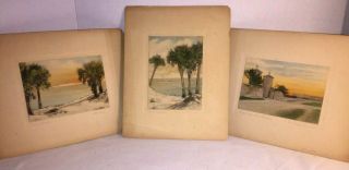 Vintage St Augustine Florida J.  W.  Harris Hand Water Colored Set Of 3 Pictures