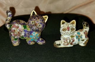 Set Of 2 Vintage Chinese Cloisonne Hand Painted Enamel Over Brass Cat Figurines