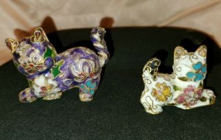 Set of 2 Vintage Chinese Cloisonne Hand Painted Enamel Over Brass Cat Figurines 2