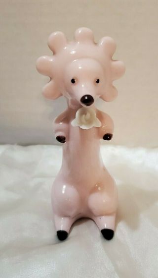 Vintage Pink Poodle Puppy Dog Sitting Up With White Rose Figurine Made In Japan