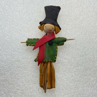 Vintage Folk Art Man Doll Brooch Pin Handcrafted Leather Scarecrow Jewelry