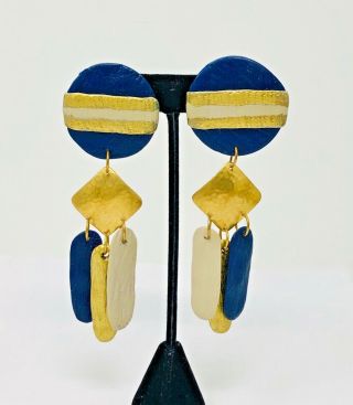 Large Vintage Clip On Dangling Chandelier Earrings Navy Blue Gold Tone