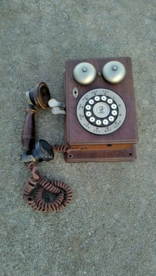 Vtg Wall Phone At&t Western Electric Antique Style Wood Case Push Button 1pty