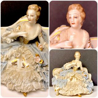 Antique Volkstedt Dresden Porcelain Figurine Lady On The Sofa Incredible Detail