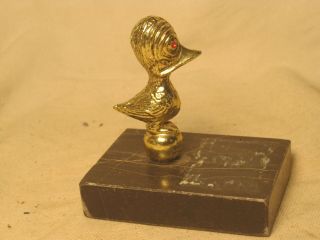 Vintage Marble Base Metal Bird Paperweight Gold Duck Robbin Rhinestone Eye ?