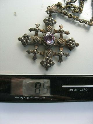 Antique 800 Silver Amethyst Jerusalem Cross Necklace Heavy 17” Chain 85 Grams