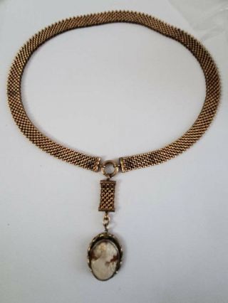 Antique Victorian Gold Filled Mesh Book Chain With Cameo Drop
