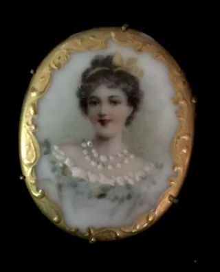 Antique Vintage Hand Painted Porcelain Portrait Pin Brooch C Clasp Vgc