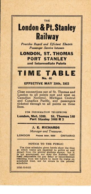 London & Port Stanley Ry,  Interurban Passenger Time Table,  No.  46 - May 19,  1933