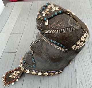 Antique African Kuba Tribe Bwoom Helmet Mask Cowrie Shells Copper Congo,  Africa