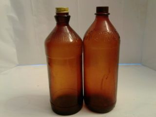 2 Vintage Amber Clorox Bottles 32 Oz With Metal Screw Top Lids