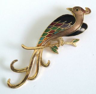 A Vintage 1980s Gold Tone Cloisonne Enamel Bird Brooch