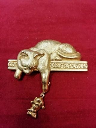 Vintage Jonette Jewelery Jj Brooch Gold Tone Pussy Cat With Dangling Mouse