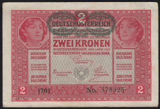 1917 (1919) Austria 2 Kronen Old Vintage Paper Money Banknote Currency Note Vf