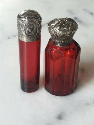 Georgian Solid Silver Topped Red Glass Perfume Scent Bottle