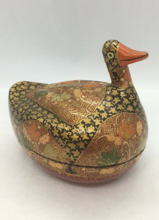 Vintage Hand Painted /made Kashmir India Paper Mache Duck Trinket Box Gold Tone