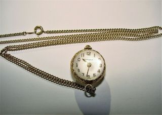 17 Jewel Huguenin Ball Swiss Ladies Pendant Watch Gold Filled Chain Necklace