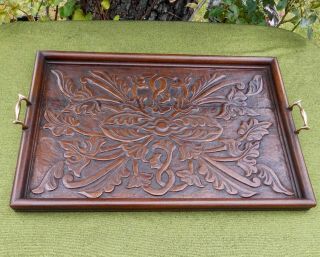 Hand Carved Large Edwardian Art Nouveau Oak Butlers Tray Brass Handles