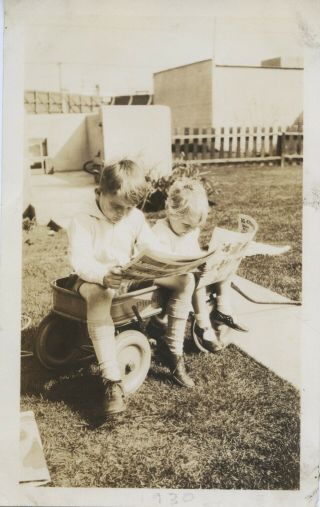Vintage Photo.  Boys In Pioneer Toy Wagon Reading The Comics.
