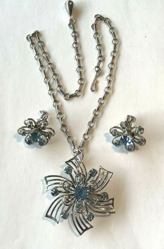 Vintage Jewelry Set Signed Coro Necklace Earrings Blue Rhinestones Screw Back