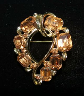 Vintage Lisner Gold Tone Brooch Pin Amber Color Rhinestones