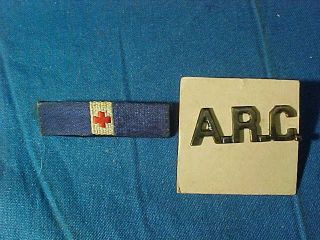 2 Vintage Wwii American Red Cross Pins Cloth Bar,  A.  R.  C.  Collar Pin