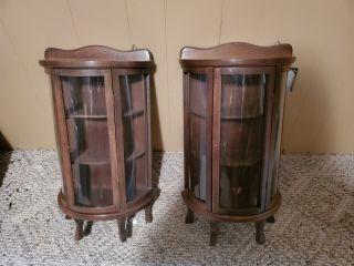 2 Pair Vtg Butler Curved Glass Curio Display Case Wall Hanging 3 Shelf Cabinet