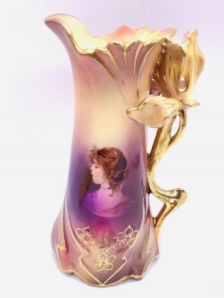 Antique Royal Vienna Portrait Vase With Floral Handle 4 1/2 Inch Tall