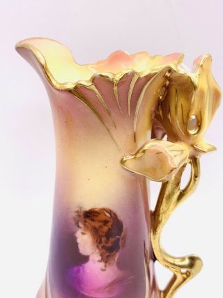 Antique Royal Vienna Portrait Vase With Floral Handle 4 1/2 Inch Tall 3