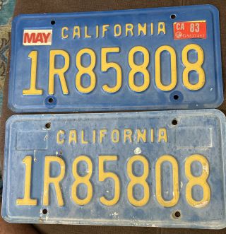 Pair (2) Vintage California License Plate Blue/yellow 1983 " 1r85808”