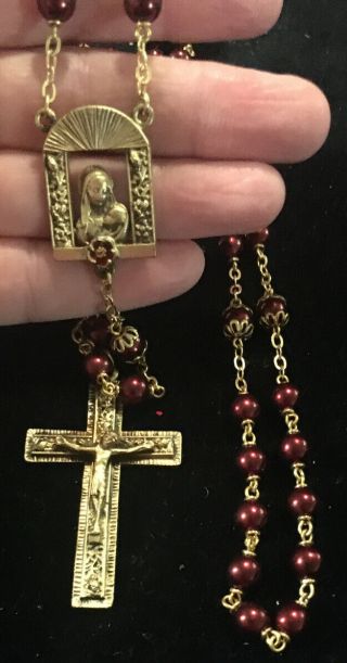 Vintage Rosary Rich Copper Glass Pearls Crucifix Madonna And Child