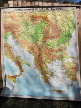 Vintage Pull Down School Map Of Danube & Balkan Peninsular Italy,  Greece