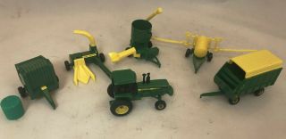 Vintage Miniature John Deere Ertl Farm Tractor And 5 Implements Bailer,  Spreader
