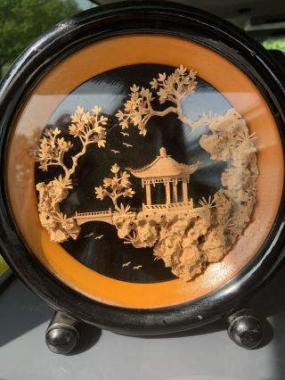 Vintage Chinese Carved Cork Art Pagoda Diorama In Wood Shadow Box 8” H 7 1/2” W